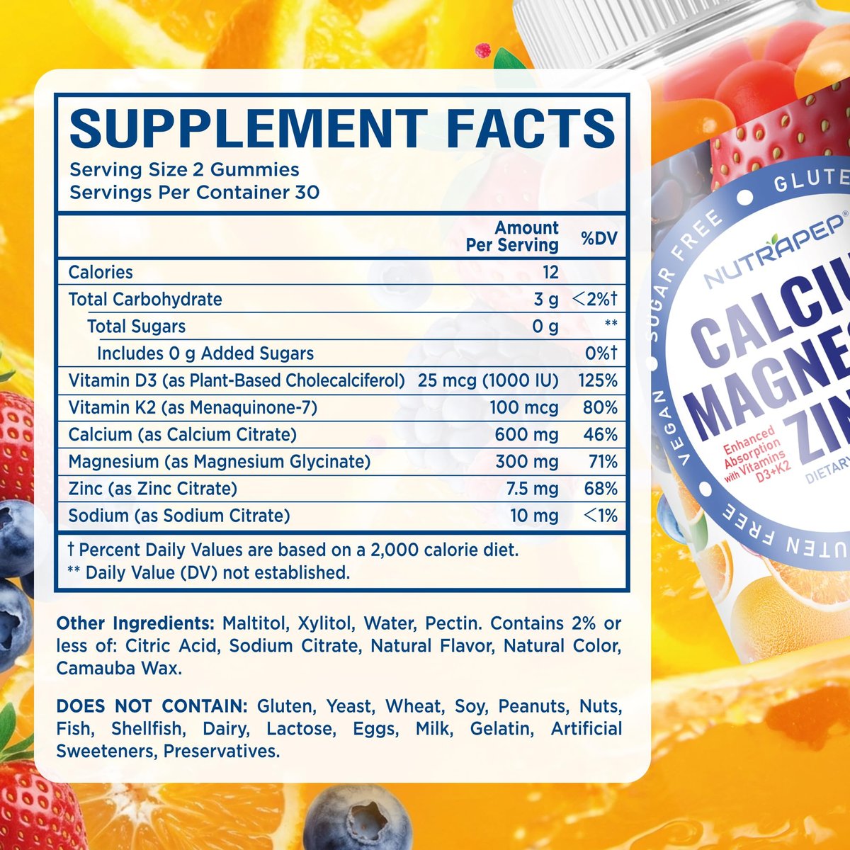 NutraPep Calcium Magnesium Zink Gummibärchen – mit Vitamin D3 K2 Magnesiumglycinat – Orangen-Beere-Geschmack – Vegan, Zuckerfrei, Glutenfrei – für Männer, Frauen, Kinder – 60 Stück