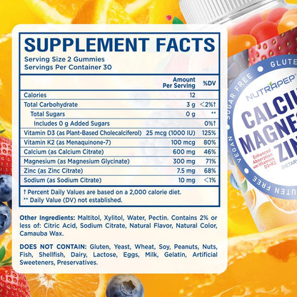 NutraPep Calcium Magnesium Zink Gummibärchen – mit Vitamin D3 K2 Magnesiumglycinat – Orangen-Beere-Geschmack – Vegan, Zuckerfrei, Glutenfrei – für Männer, Frauen, Kinder – 60 Stück