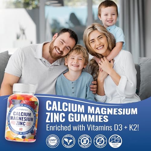NutraPep Calcium Magnesium Zink Gummibärchen – mit Vitamin D3 K2 Magnesiumglycinat – Orangen-Beere-Geschmack – Vegan, Zuckerfrei, Glutenfrei – für Männer, Frauen, Kinder – 60 Stück