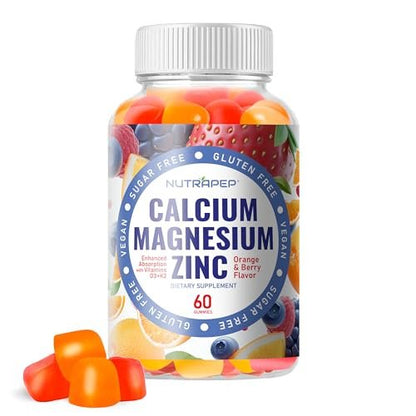 NutraPep Calcium Magnesium Zink Gummibärchen – mit Vitamin D3 K2 Magnesiumglycinat – Orangen-Beere-Geschmack – Vegan, Zuckerfrei, Glutenfrei – für Männer, Frauen, Kinder – 60 Stück