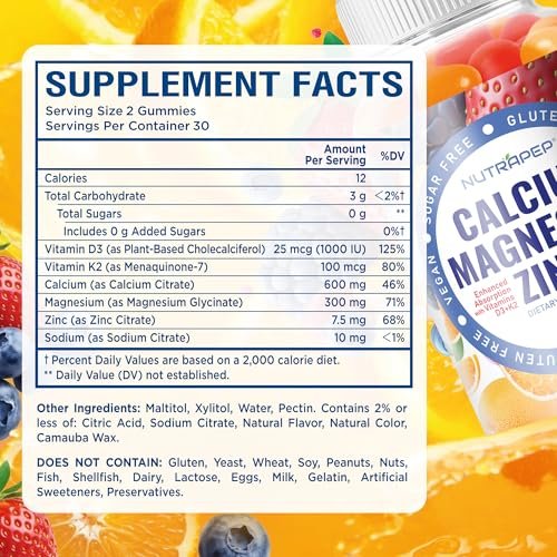 NutraPep Calcium Magnesium Zink Gummibärchen – mit Vitamin D3 K2 Magnesiumglycinat – Orangen-Beere-Geschmack – Vegan, Zuckerfrei, Glutenfrei – für Männer, Frauen, Kinder – 60 Stück