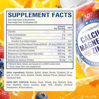 NutraPep Calcium Magnesium Zink Gummibärchen – mit Vitamin D3 K2 Magnesiumglycinat – Orangen-Beere-Geschmack – Vegan, Zuckerfrei, Glutenfrei – für Männer, Frauen, Kinder – 60 Stück