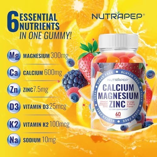 NutraPep Calcium Magnesium Zink Gummibärchen – mit Vitamin D3 K2 Magnesiumglycinat – Orangen-Beere-Geschmack – Vegan, Zuckerfrei, Glutenfrei – für Männer, Frauen, Kinder – 60 Stück