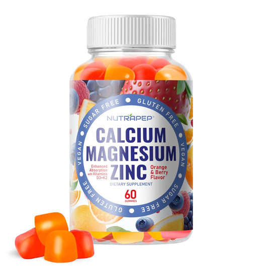 NutraPep Calcium Magnesium Zink Gummibärchen – mit Vitamin D3 K2 Magnesiumglycinat – Orangen-Beere-Geschmack – Vegan, Zuckerfrei, Glutenfrei – für Männer, Frauen, Kinder – 60 Stück