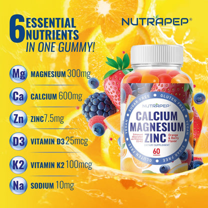 NutraPep Calcium Magnesium Zink Gummibärchen – mit Vitamin D3 K2 Magnesiumglycinat – Orangen-Beere-Geschmack – Vegan, Zuckerfrei, Glutenfrei – für Männer, Frauen, Kinder – 60 Stück