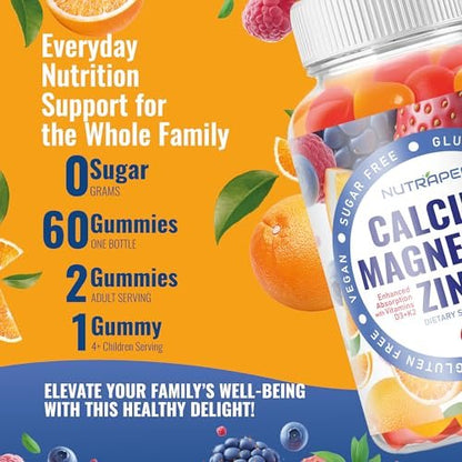 NutraPep Calcium Magnesium Zink Gummibärchen – mit Vitamin D3 K2 Magnesiumglycinat – Orangen-Beere-Geschmack – Vegan, Zuckerfrei, Glutenfrei – für Männer, Frauen, Kinder – 60 Stück