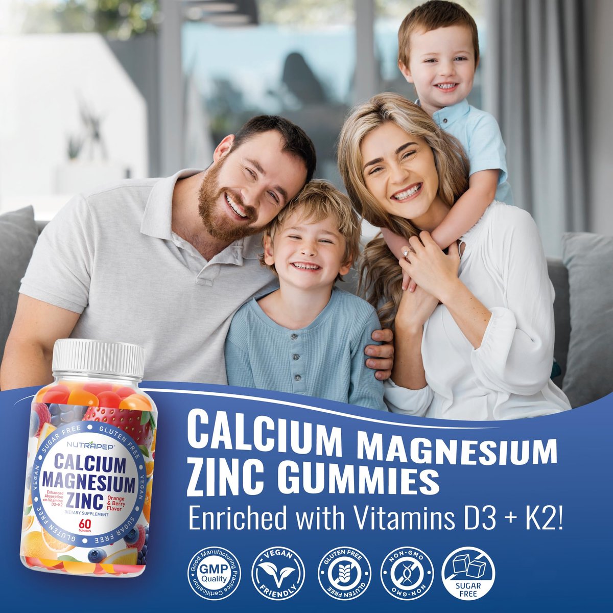 NutraPep Calcium Magnesium Zink Gummibärchen – mit Vitamin D3 K2 Magnesiumglycinat – Orangen-Beere-Geschmack – Vegan, Zuckerfrei, Glutenfrei – für Männer, Frauen, Kinder – 60 Stück