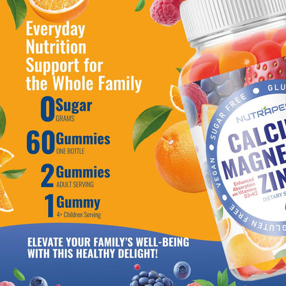 NutraPep Calcium Magnesium Zink Gummibärchen – mit Vitamin D3 K2 Magnesiumglycinat – Orangen-Beere-Geschmack – Vegan, Zuckerfrei, Glutenfrei – für Männer, Frauen, Kinder – 60 Stück