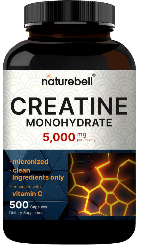 NatureBell Creatin Monohydrat Kapseln 5.000 mg pro Portion, 500 Stück | Mikronisiert, unaromatisiert | Pre-Workout & Muskelkraft Unterstützung | Leicht zu schlucken, ohne Füllstoffe | 71 Portionen