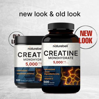 NatureBell Creatin Monohydrat Kapseln 5.000 mg pro Portion, 500 Stück | Mikronisiert, unaromatisiert | Pre-Workout & Muskelkraft Unterstützung | Leicht zu schlucken, ohne Füllstoffe | 71 Portionen