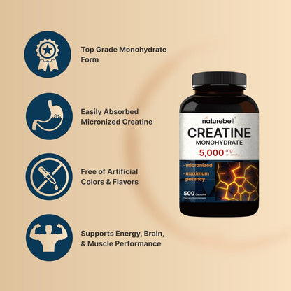 NatureBell Creatin Monohydrat Kapseln 5.000 mg pro Portion, 500 Stück | Mikronisiert, unaromatisiert | Pre-Workout & Muskelkraft Unterstützung | Leicht zu schlucken, ohne Füllstoffe | 71 Portionen