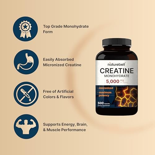 NatureBell Creatin Monohydrat Kapseln 5.000 mg pro Portion, 500 Stück | Mikronisiert, unaromatisiert | Pre-Workout & Muskelkraft Unterstützung | Leicht zu schlucken, ohne Füllstoffe | 71 Portionen