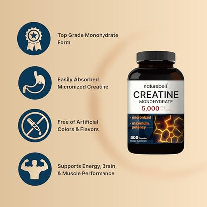 NatureBell Creatin Monohydrat Kapseln 5.000 mg pro Portion, 500 Stück | Mikronisiert, unaromatisiert | Pre-Workout & Muskelkraft Unterstützung | Leicht zu schlucken, ohne Füllstoffe | 71 Portionen