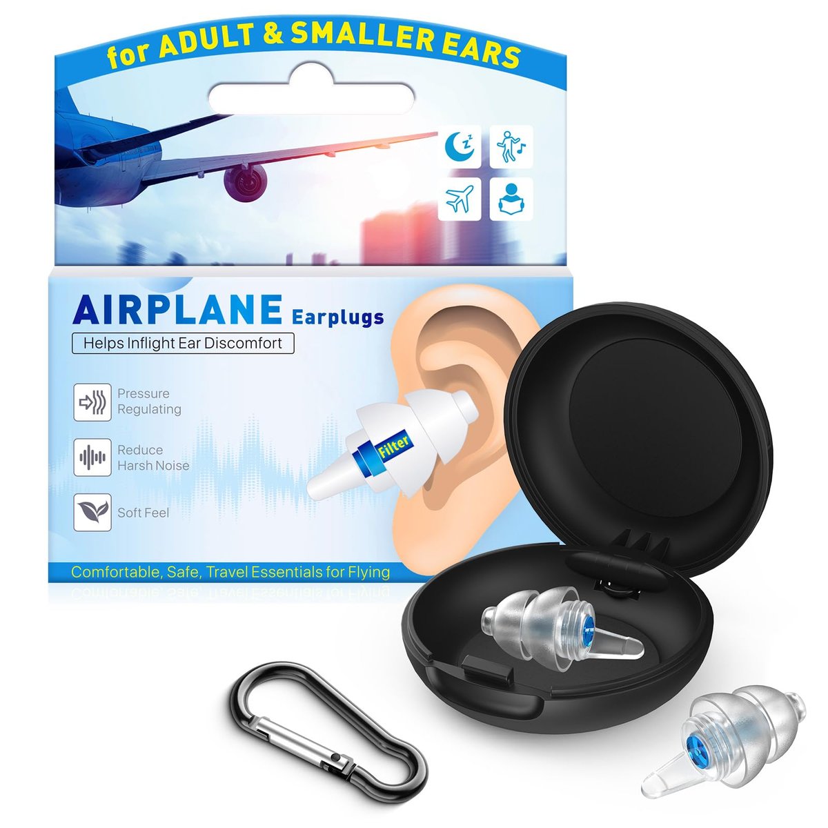 Softvox Ohrstöpsel für Flugzeug – Druckausgleich & Gehörschutz 25 dB – Wiederverwendbare Silikon-Ohrstöpsel für Erwachsene & Kinder ab 12 Jahren mit kleinen Gehörgängen – Reise-Essentials (Blau, 1 Paar)