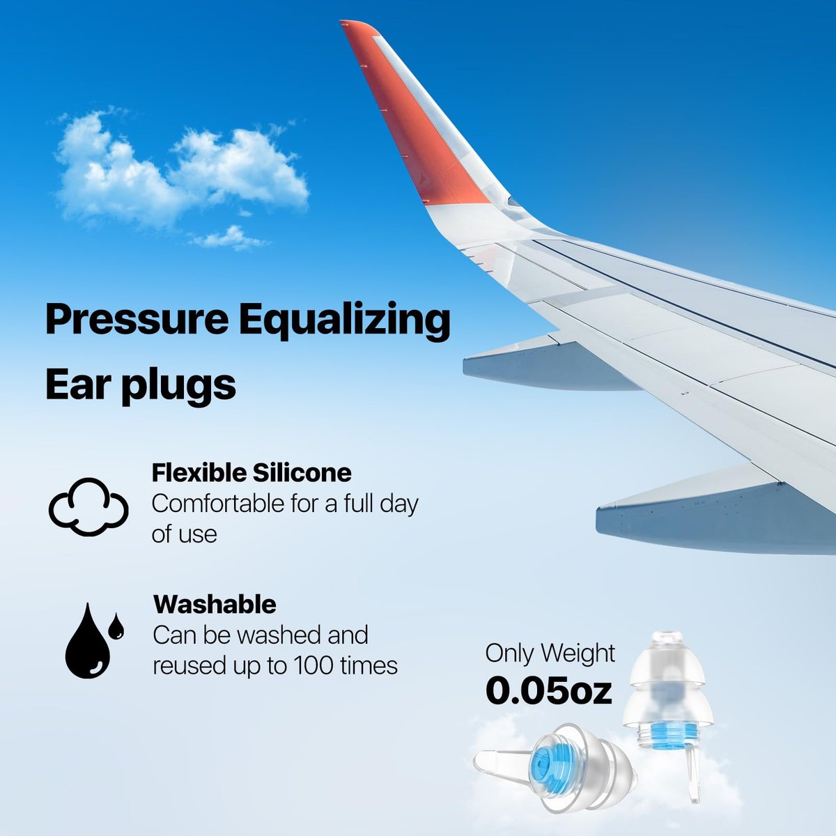 Softvox Ohrstöpsel für Flugzeug – Druckausgleich & Gehörschutz 25 dB – Wiederverwendbare Silikon-Ohrstöpsel für Erwachsene & Kinder ab 12 Jahren mit kleinen Gehörgängen – Reise-Essentials (Blau, 1 Paar)