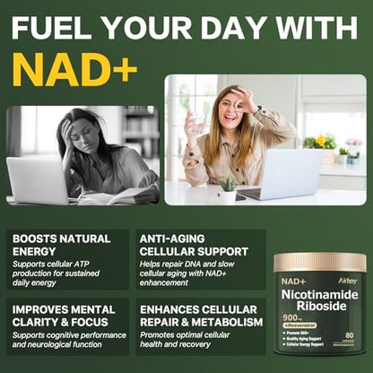 Airboy NAD+ Supplement, Liposomales Nicotinamid-Ribosid 900 mg mit Resveratrol & Quercetin, NMN Alternative, Anti-Aging, Energie, Fokus - 80 Kapseln