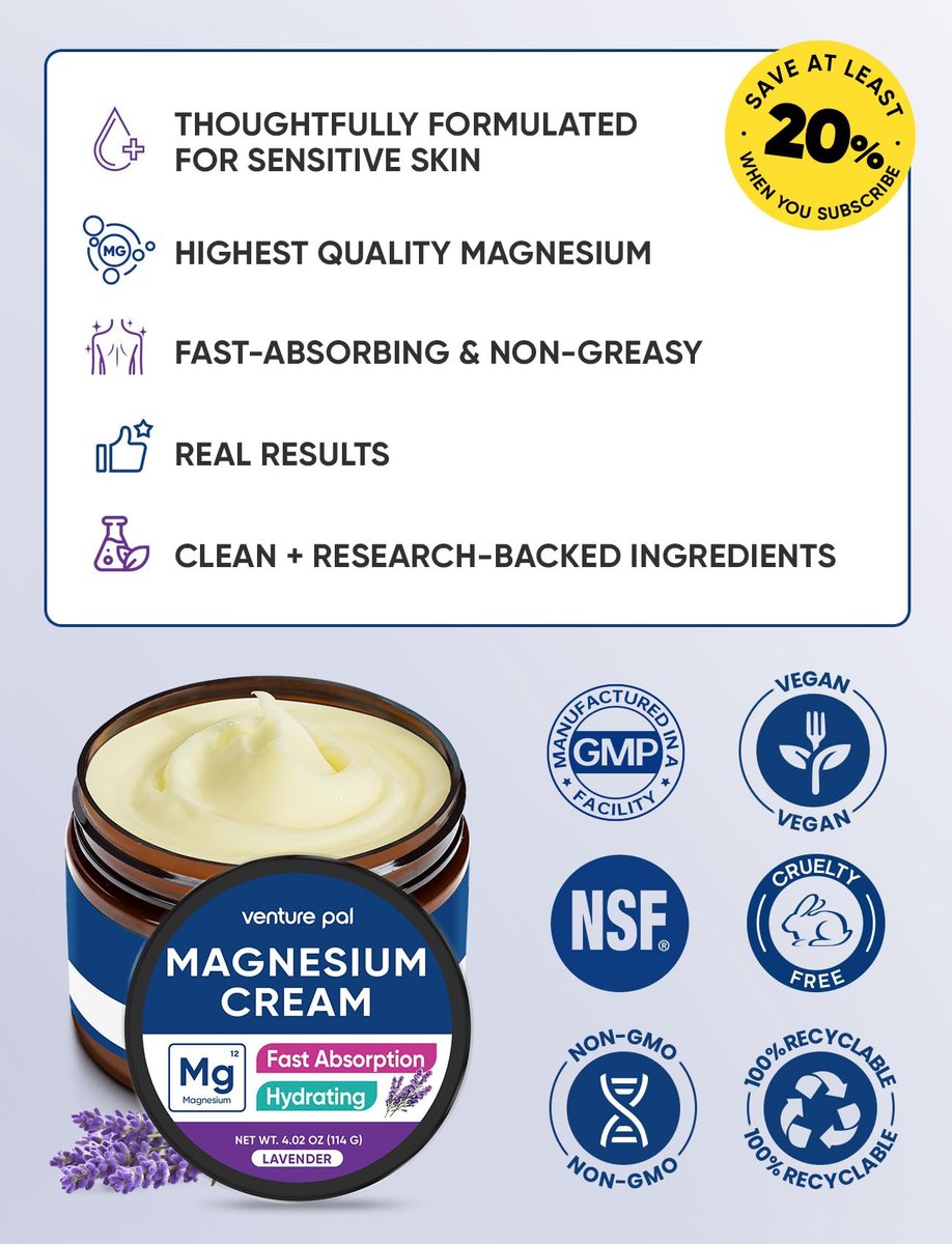 Venture Pal Topische Magnesiumcreme – Schnell einziehende Magnesium-Feuchtigkeitslotion mit Kokosöl, Sheabutter und Hyaluronsäure – Geeignet für Kinder