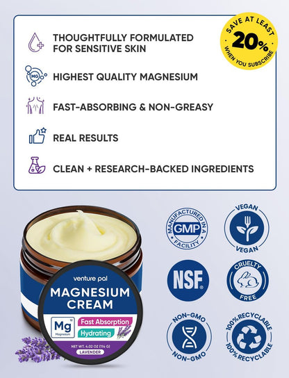 Venture Pal Topische Magnesiumcreme – Schnell einziehende Magnesium-Feuchtigkeitslotion mit Kokosöl, Sheabutter und Hyaluronsäure – Geeignet für Kinder