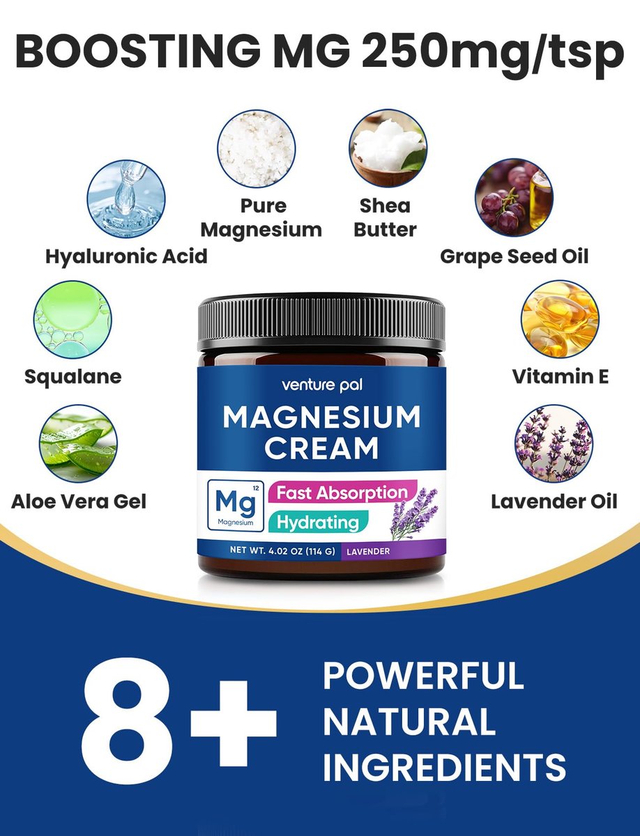 Venture Pal Topische Magnesiumcreme – Schnell einziehende Magnesium-Feuchtigkeitslotion mit Kokosöl, Sheabutter und Hyaluronsäure – Geeignet für Kinder