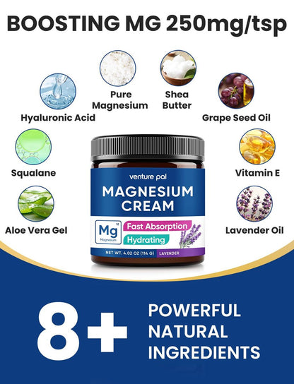 Venture Pal Topische Magnesiumcreme – Schnell einziehende Magnesium-Feuchtigkeitslotion mit Kokosöl, Sheabutter und Hyaluronsäure – Geeignet für Kinder