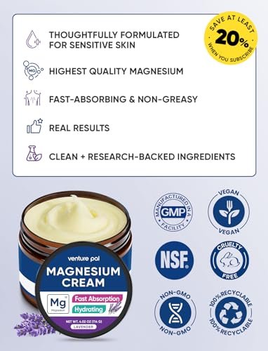 Venture Pal Topische Magnesiumcreme – Schnell einziehende Magnesium-Feuchtigkeitslotion mit Kokosöl, Sheabutter und Hyaluronsäure – Geeignet für Kinder