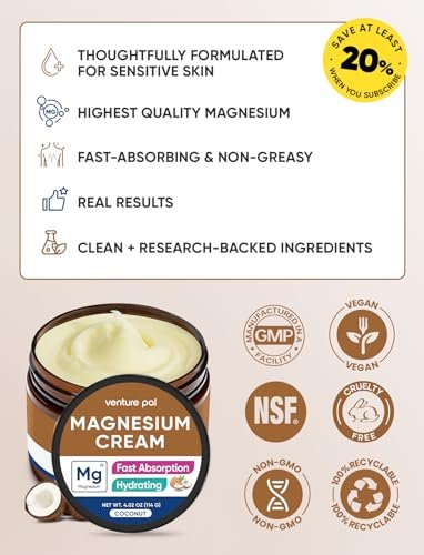 Venture Pal Topische Magnesium-Creme – Schnell einziehende Magnesium-Feuchtigkeitslotion mit Kokosöl, Sheabutter & Hyaluronsäure, geeignet für Kinder