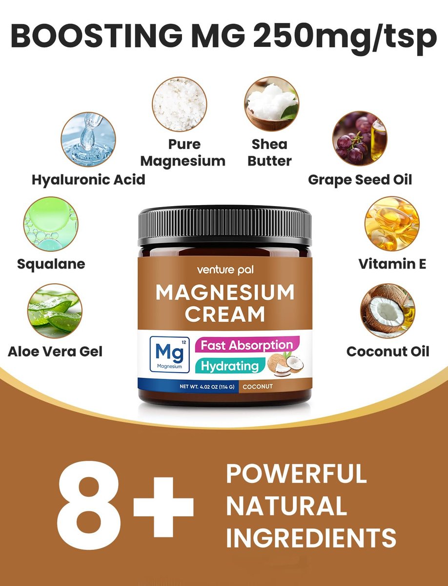 Venture Pal Topische Magnesium-Creme – Schnell einziehende Magnesium-Feuchtigkeitslotion mit Kokosöl, Sheabutter & Hyaluronsäure, geeignet für Kinder