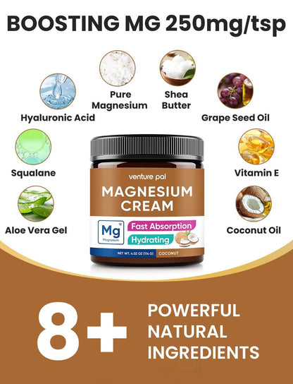 Venture Pal Topische Magnesium-Creme – Schnell einziehende Magnesium-Feuchtigkeitslotion mit Kokosöl, Sheabutter & Hyaluronsäure, geeignet für Kinder