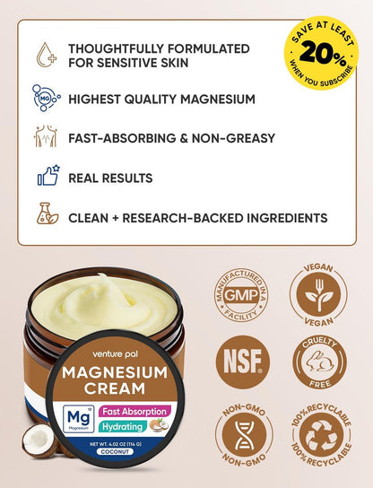 Venture Pal Topische Magnesium-Creme – Schnell einziehende Magnesium-Feuchtigkeitslotion mit Kokosöl, Sheabutter & Hyaluronsäure, geeignet für Kinder