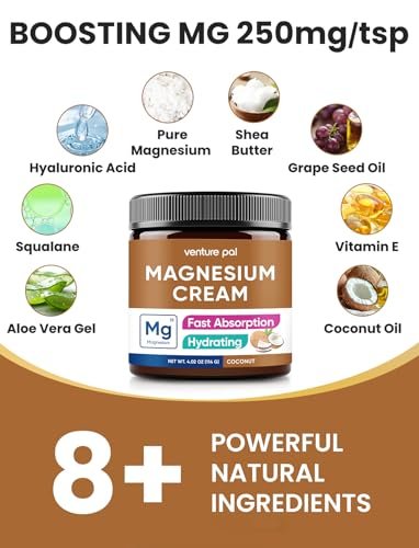 Venture Pal Topische Magnesium-Creme – Schnell einziehende Magnesium-Feuchtigkeitslotion mit Kokosöl, Sheabutter & Hyaluronsäure, geeignet für Kinder