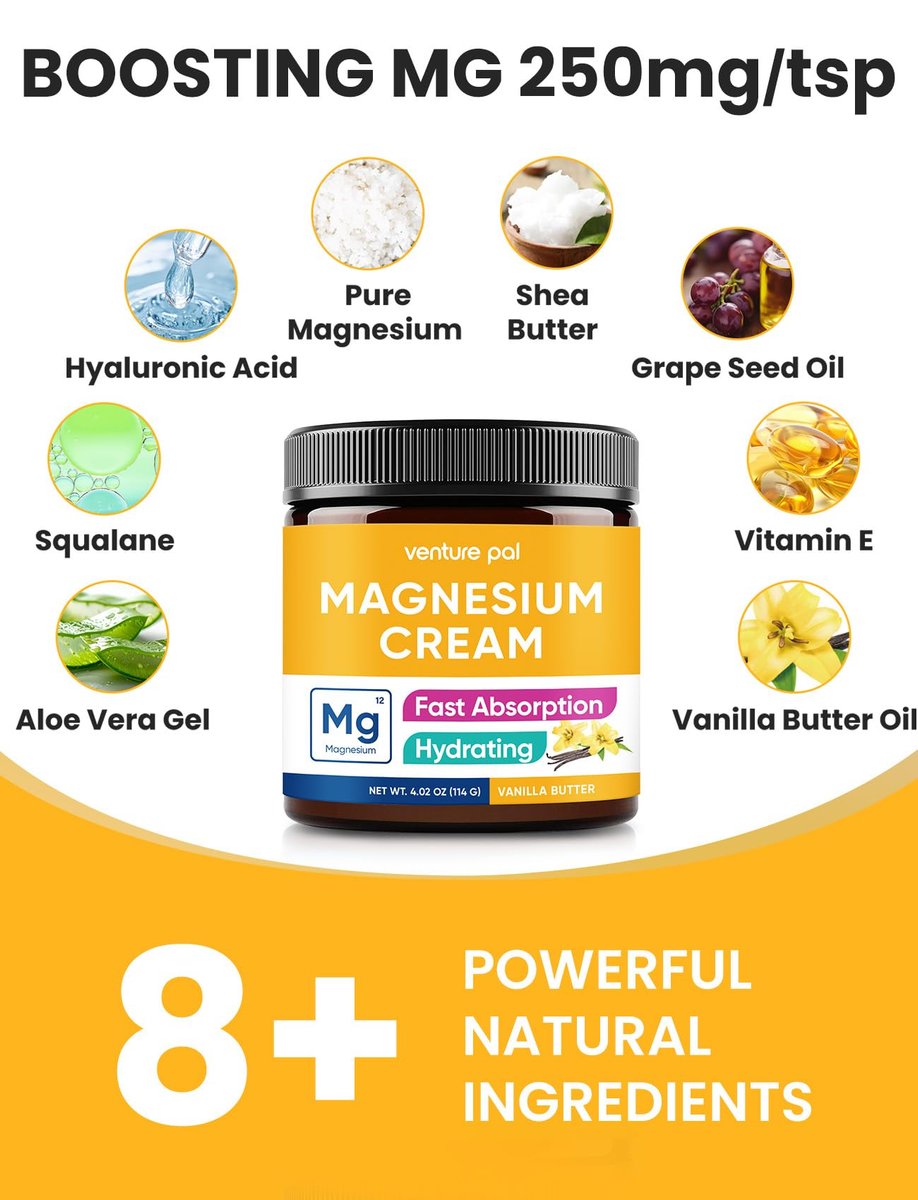 Venture Pal Topische Magnesium Creme – Schnell einziehende Feuchtigkeitslotion mit Kokosöl, Sheabutter & Hyaluronsäure – Für Kinder geeignet