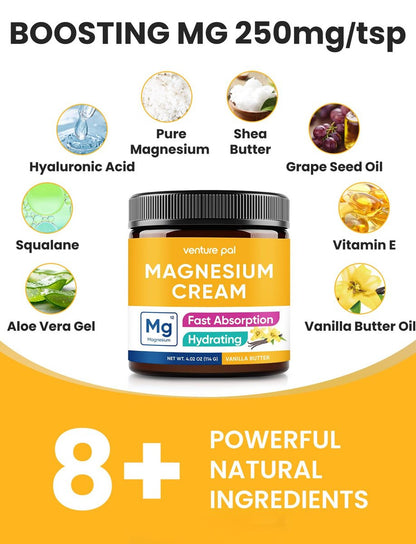 Venture Pal Topische Magnesium Creme – Schnell einziehende Feuchtigkeitslotion mit Kokosöl, Sheabutter & Hyaluronsäure – Für Kinder geeignet