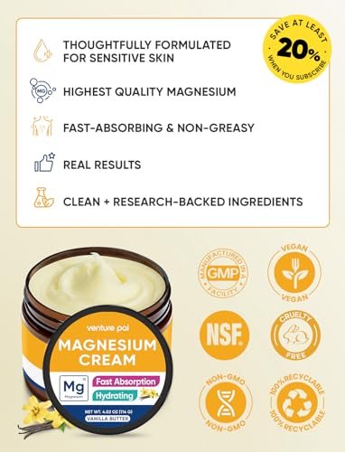 Venture Pal Topische Magnesium Creme – Schnell einziehende Feuchtigkeitslotion mit Kokosöl, Sheabutter & Hyaluronsäure – Für Kinder geeignet