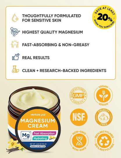 Venture Pal Topische Magnesium Creme – Schnell einziehende Feuchtigkeitslotion mit Kokosöl, Sheabutter & Hyaluronsäure – Für Kinder geeignet