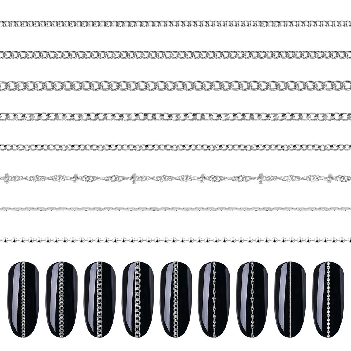 8 Streifen Metallkette Nagelkunst Charms - Silberne Schmuckketten 3D Dekorationen - Punk-Studs Accessoires für DIY Maniküre Schmuck (Silber)