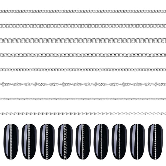 8 Streifen Metallkette Nagelkunst Charms - Silberne Schmuckketten 3D Dekorationen - Punk-Studs Accessoires für DIY Maniküre Schmuck (Silber)