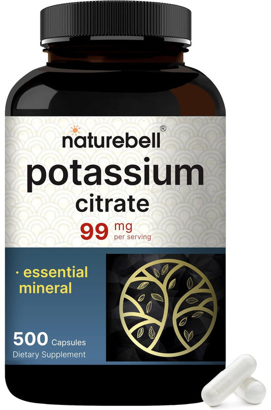 Kaliumcitrat Supplement 99 mg, 500 Kapseln | Chelatiertes Mineralpräparat – Essentieller Mineralstoff-Elektrolyt – Nicht-GVO, Glutenfrei