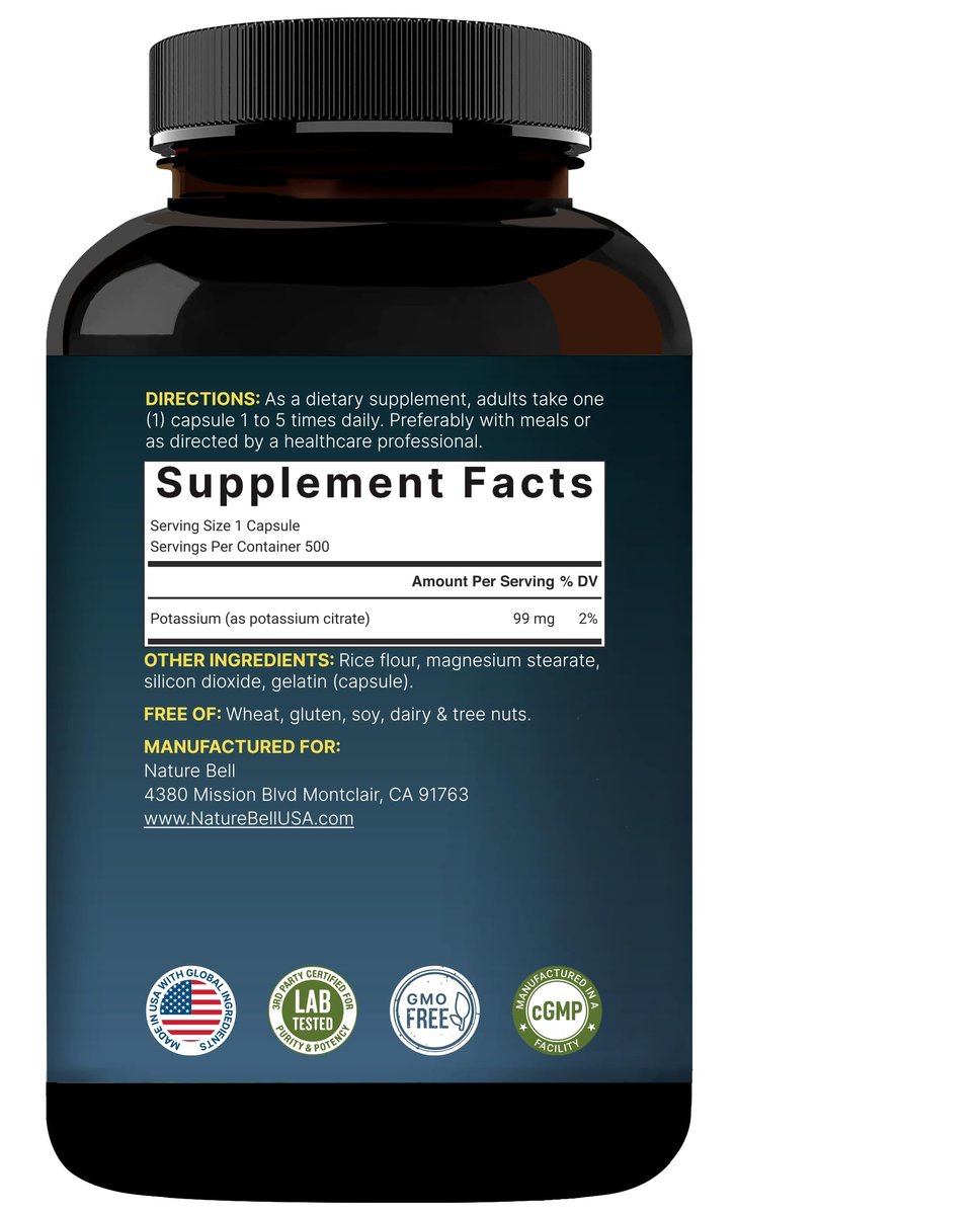 Kaliumcitrat Supplement 99 mg, 500 Kapseln | Chelatiertes Mineralpräparat – Essentieller Mineralstoff-Elektrolyt – Nicht-GVO, Glutenfrei