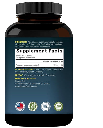 Kaliumcitrat Supplement 99 mg, 500 Kapseln | Chelatiertes Mineralpräparat – Essentieller Mineralstoff-Elektrolyt – Nicht-GVO, Glutenfrei