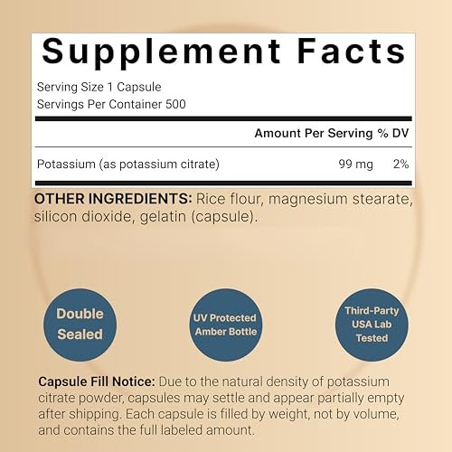 Kaliumcitrat Supplement 99 mg, 500 Kapseln | Chelatiertes Mineralpräparat – Essentieller Mineralstoff-Elektrolyt – Nicht-GVO, Glutenfrei
