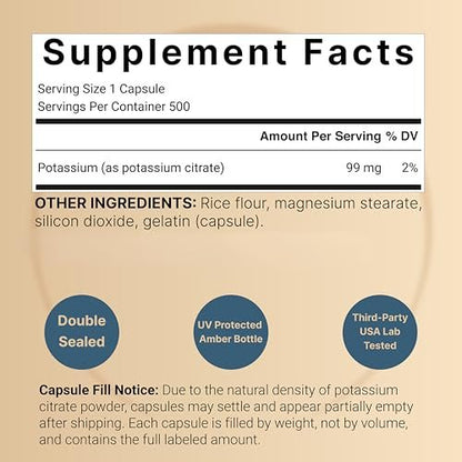 Kaliumcitrat Supplement 99 mg, 500 Kapseln | Chelatiertes Mineralpräparat – Essentieller Mineralstoff-Elektrolyt – Nicht-GVO, Glutenfrei