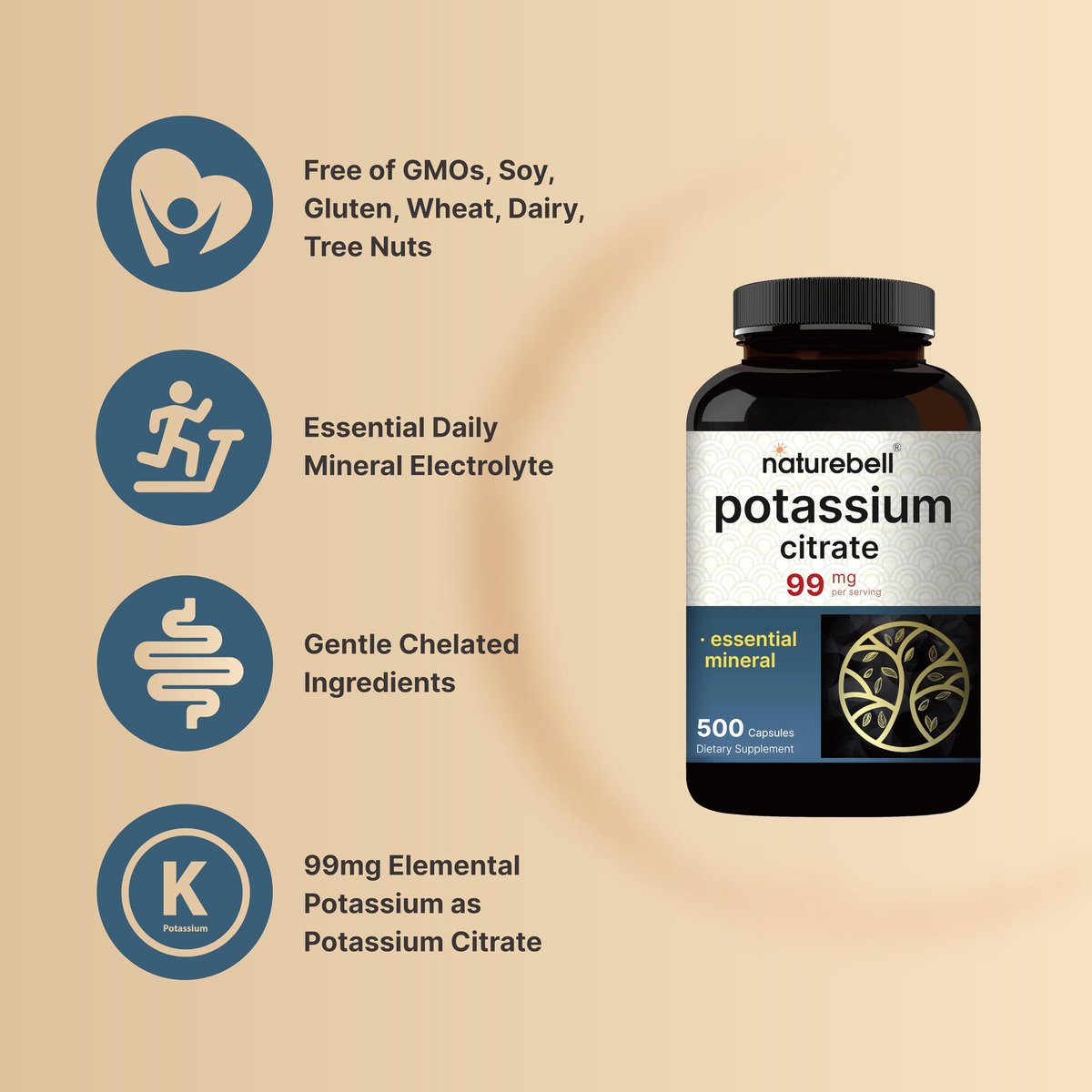 Kaliumcitrat Supplement 99 mg, 500 Kapseln | Chelatiertes Mineralpräparat – Essentieller Mineralstoff-Elektrolyt – Nicht-GVO, Glutenfrei