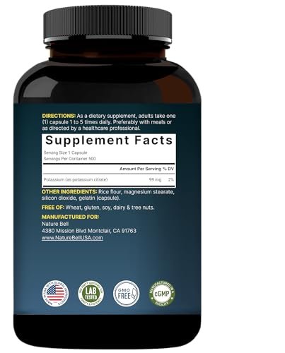 Kaliumcitrat Supplement 99 mg, 500 Kapseln | Chelatiertes Mineralpräparat – Essentieller Mineralstoff-Elektrolyt – Nicht-GVO, Glutenfrei