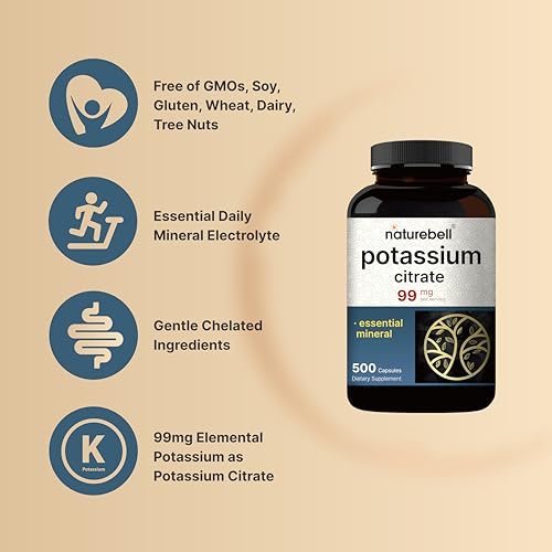 Kaliumcitrat Supplement 99 mg, 500 Kapseln | Chelatiertes Mineralpräparat – Essentieller Mineralstoff-Elektrolyt – Nicht-GVO, Glutenfrei