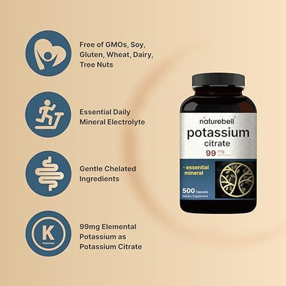Kaliumcitrat Supplement 99 mg, 500 Kapseln | Chelatiertes Mineralpräparat – Essentieller Mineralstoff-Elektrolyt – Nicht-GVO, Glutenfrei
