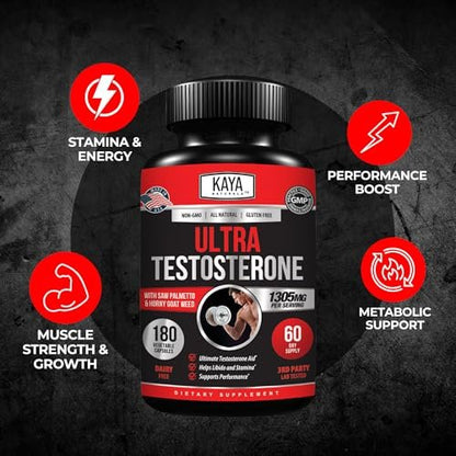 Kaya Naturals UltraTest – Natürlicher Testosteron-Booster mit Tongkat Ali, Bockshornklee & Tribulus – 180 Kapseln für Energie, Ausdauer & Kraft