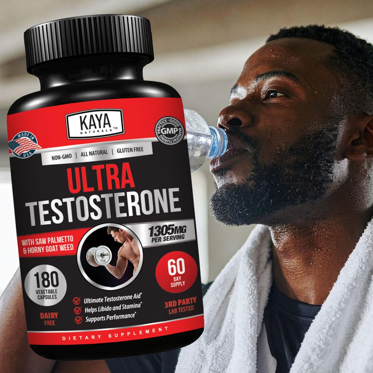 Kaya Naturals UltraTest – Natürlicher Testosteron-Booster mit Tongkat Ali, Bockshornklee & Tribulus – 180 Kapseln für Energie, Ausdauer & Kraft