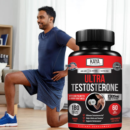 Kaya Naturals UltraTest – Natürlicher Testosteron-Booster mit Tongkat Ali, Bockshornklee & Tribulus – 180 Kapseln für Energie, Ausdauer & Kraft