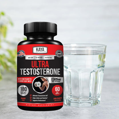 Kaya Naturals UltraTest – Natürlicher Testosteron-Booster mit Tongkat Ali, Bockshornklee & Tribulus – 180 Kapseln für Energie, Ausdauer & Kraft