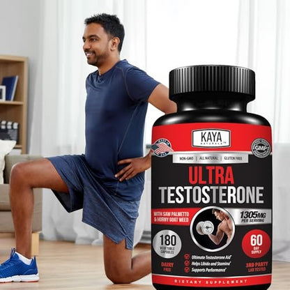 Kaya Naturals UltraTest – Natürlicher Testosteron-Booster mit Tongkat Ali, Bockshornklee & Tribulus – 180 Kapseln für Energie, Ausdauer & Kraft